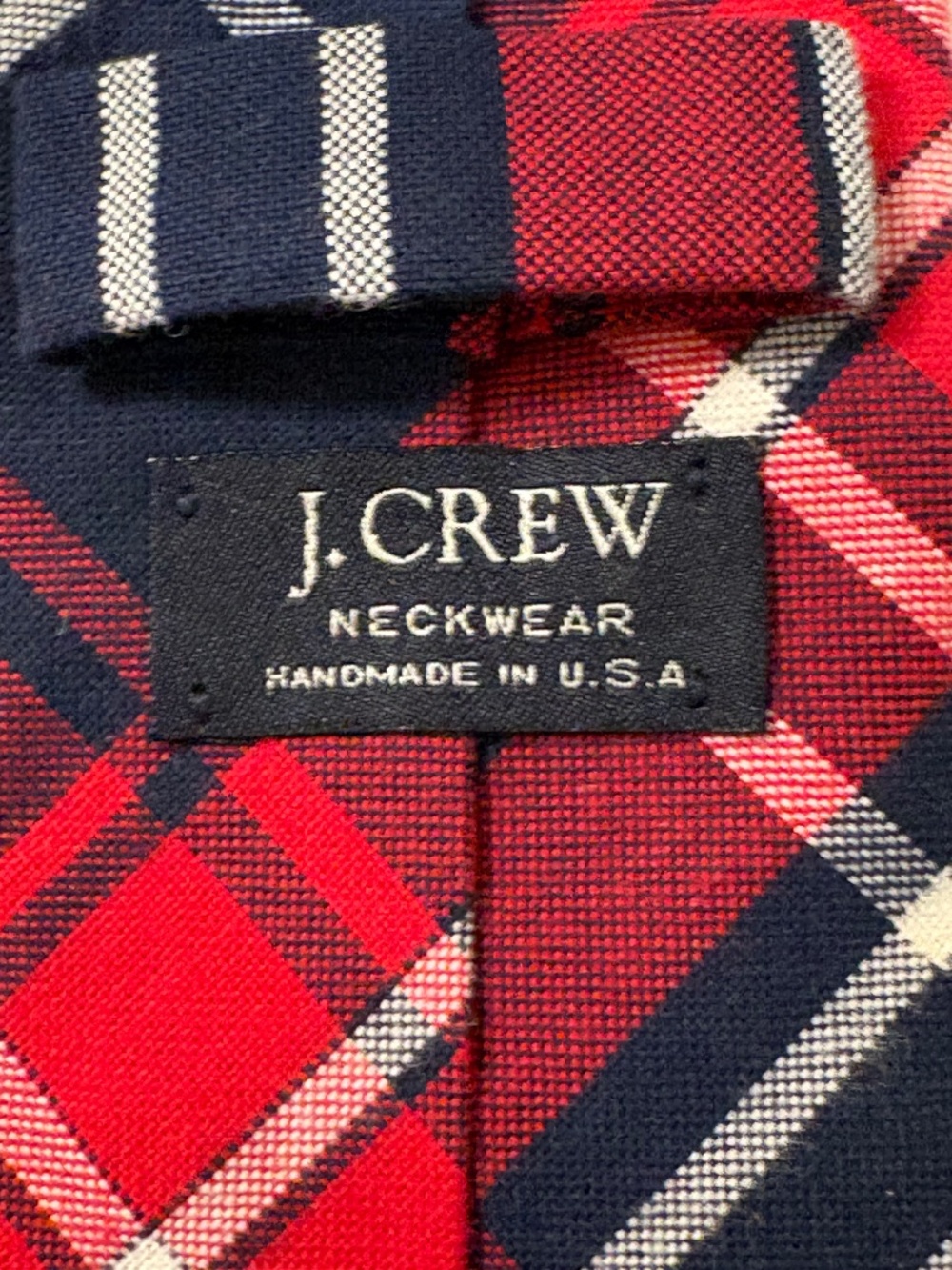 J. Crew Men's Plaid Skinny Tie Red Blue White Cotton Handmade USA 2.5" Width